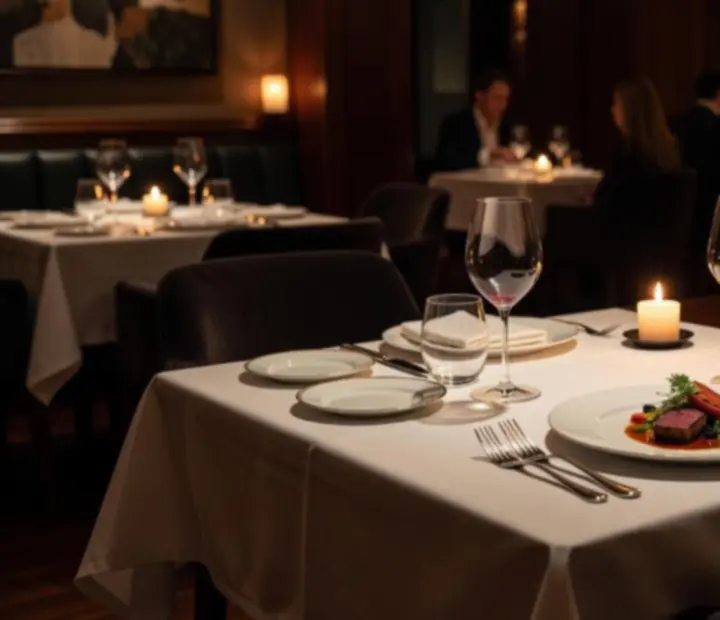 Candlelit tables at Blindsand Brasserie set with contemporary Australian dishes and wine.