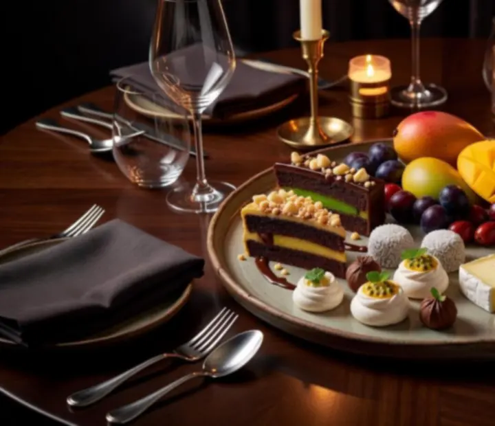 An assortment of elegant plated desserts and cheese on a shared table at Blindsand Brasserie.