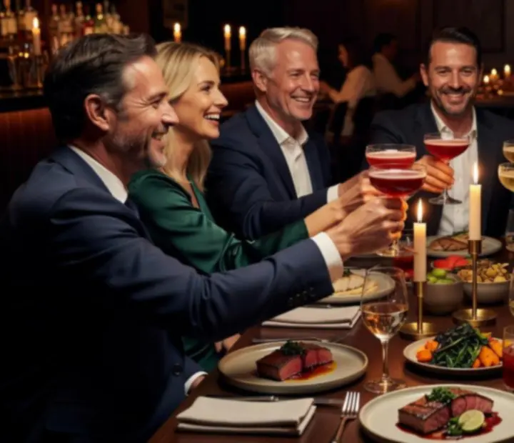 Guests raising a toast at a milestone celebration in a warm lounge