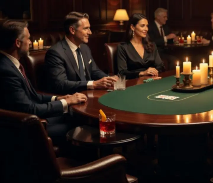 Elegant private lounge with a poker table, leather seating and cocktails prepared for an offline event
