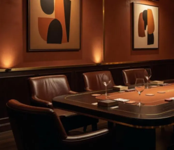 Cinematic private lounge at Blindsand Brasserie set for an intimate offline poker evening