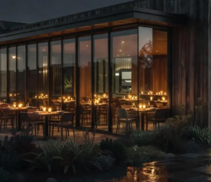 Cinematic exterior of Blindsand Brasserie glowing softly on a Sydney evening
