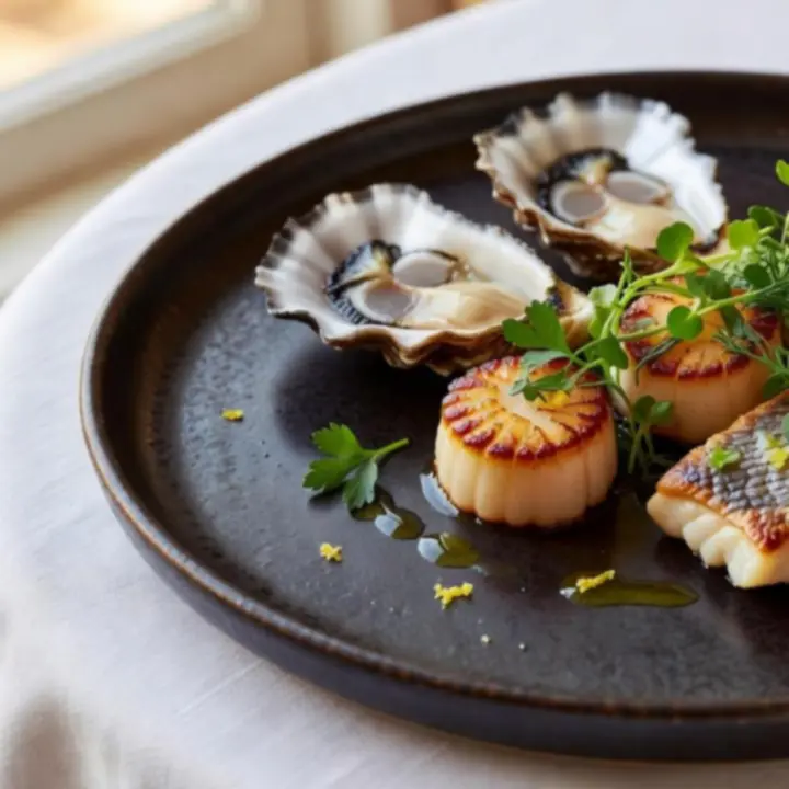 A close view of plated Australian seafood in the dining room at Blindsand Brasserie.